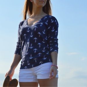Navy Blue Anchor Print V Neck Sweater